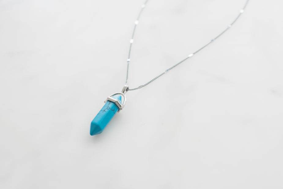 Gemstone necklace with turquoise pendant and 14-inch sterling silver chain, boho chic style, made in USA